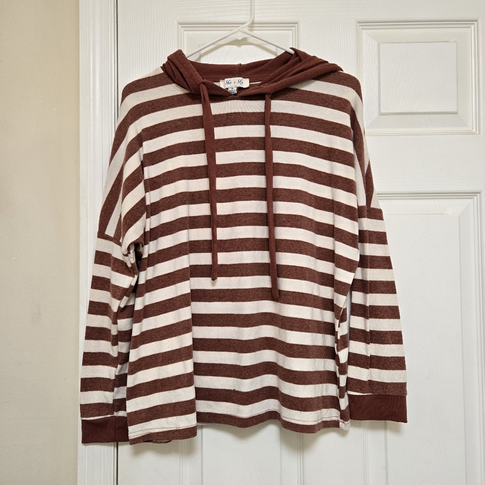 She And Sky Womens Striped Stretchy Drawstring Hooded Pullover Top Size Small